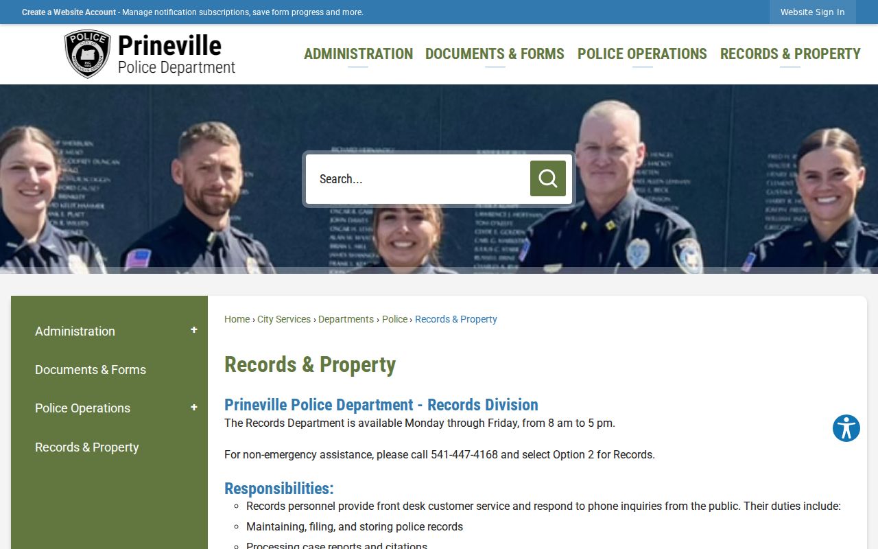 Prineville Police Records Division request methods and release restrictions
